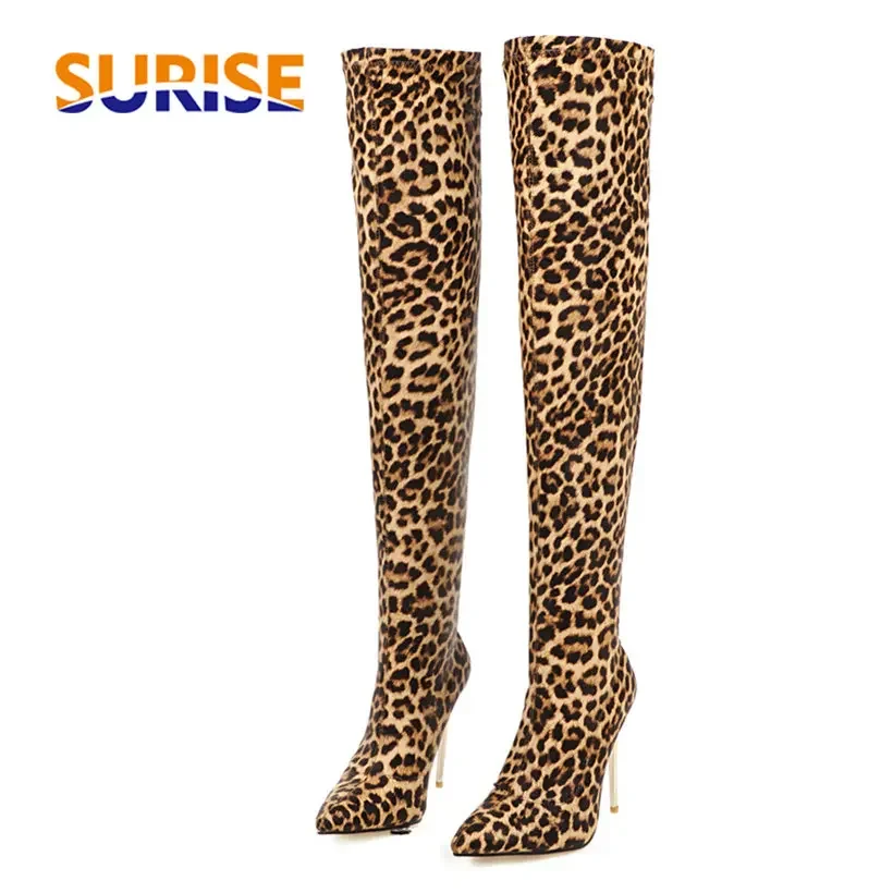 Knee High Sock Women - Эластичные леопардовые сапоги выше колена больших